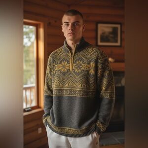 Obermeyer Vintage Men’s Gray Yellow Nordic Fair Isle 1/4 Zip Wool Sweater M